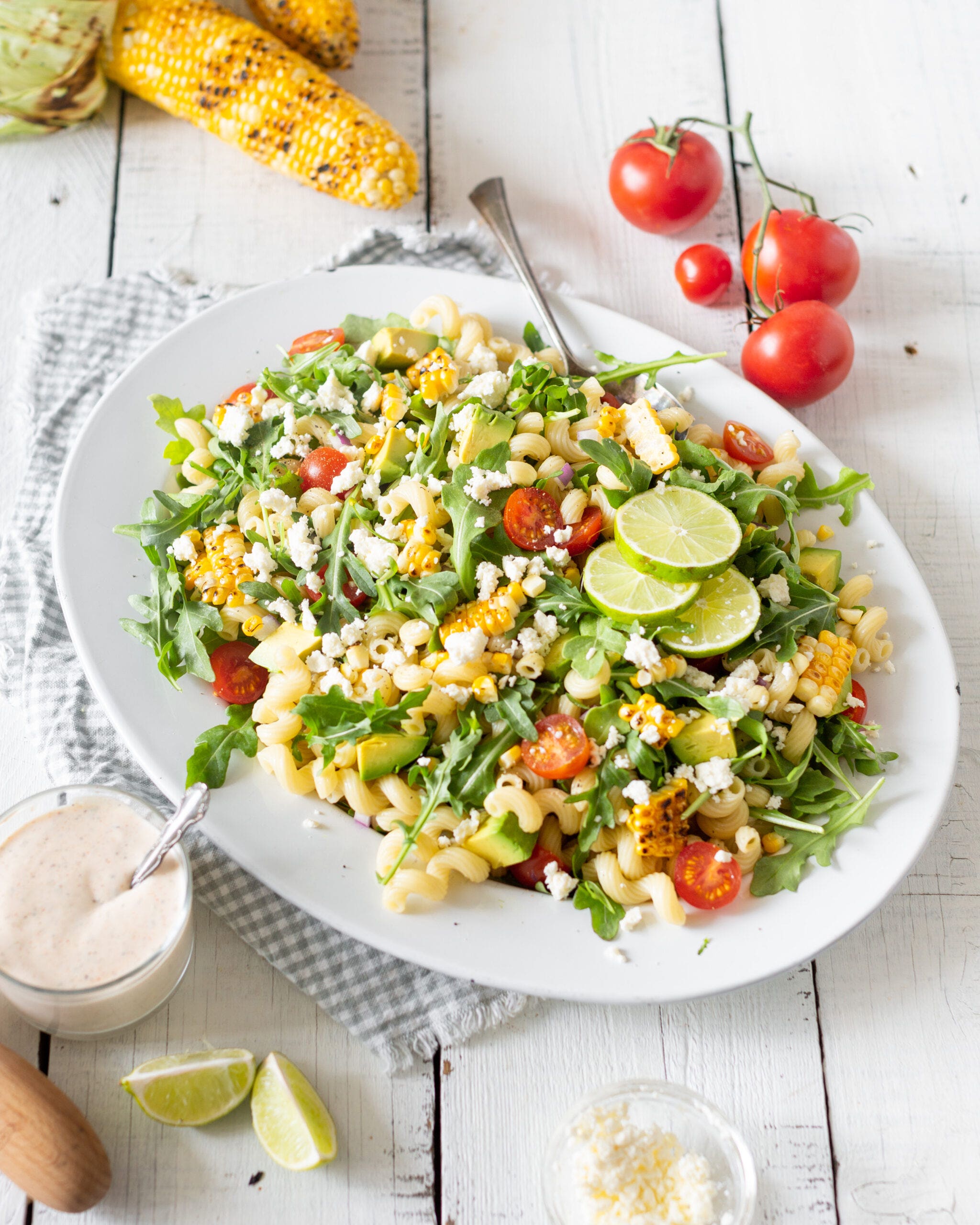 grilled corn pasta salad on a serving plate