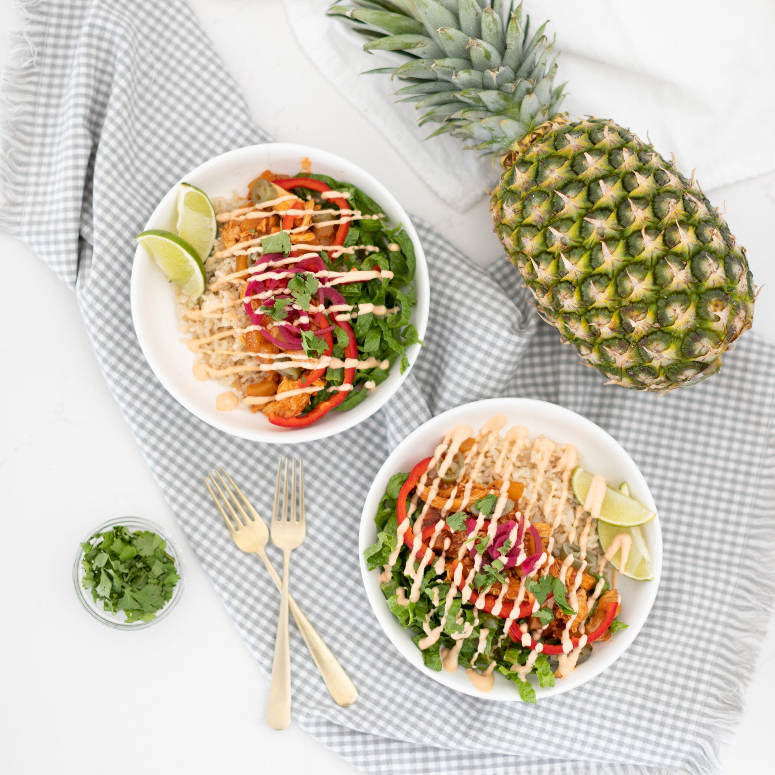 tropical chicken bowls with a pineapple