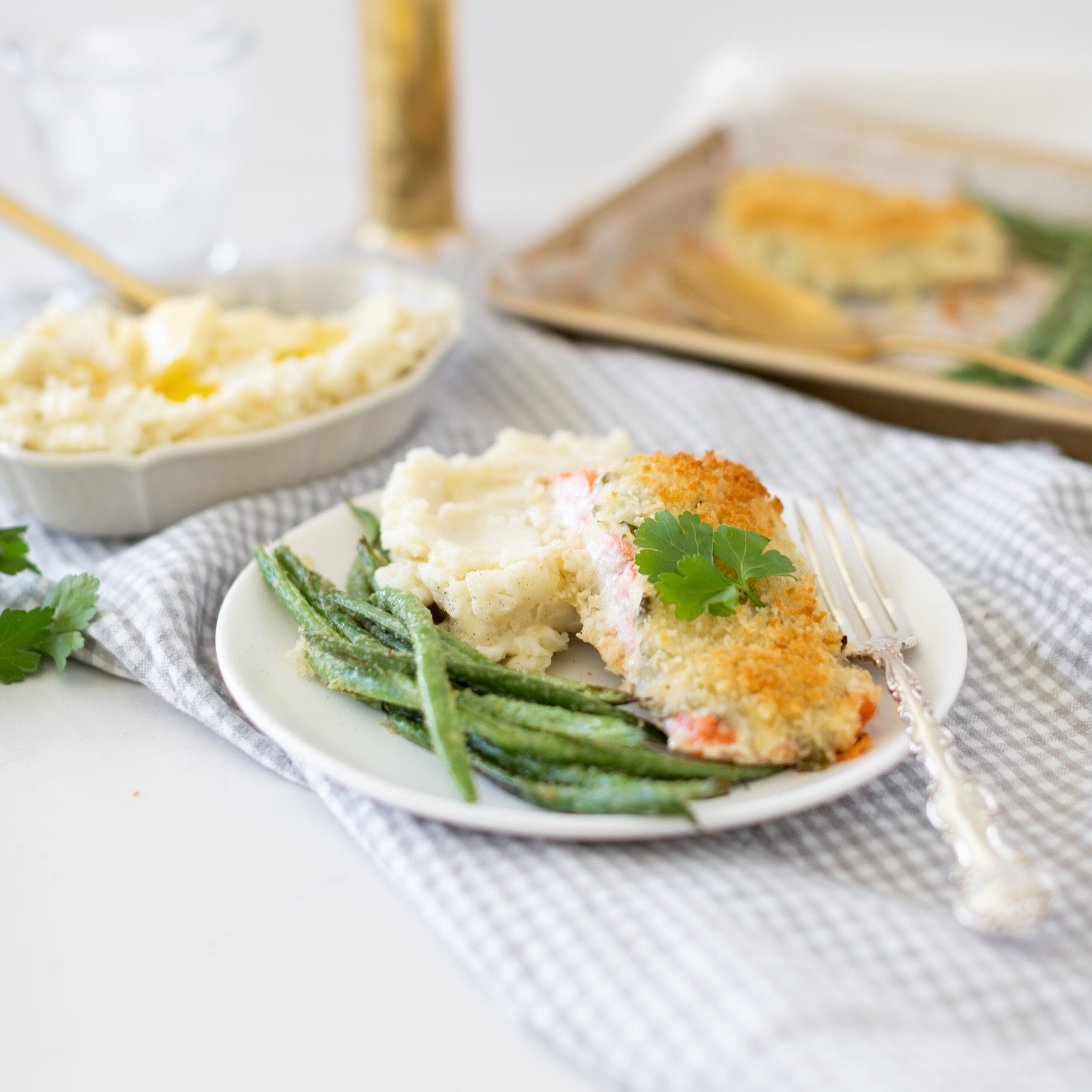 parmesan crusted salmon with mashed potatoes and green beans