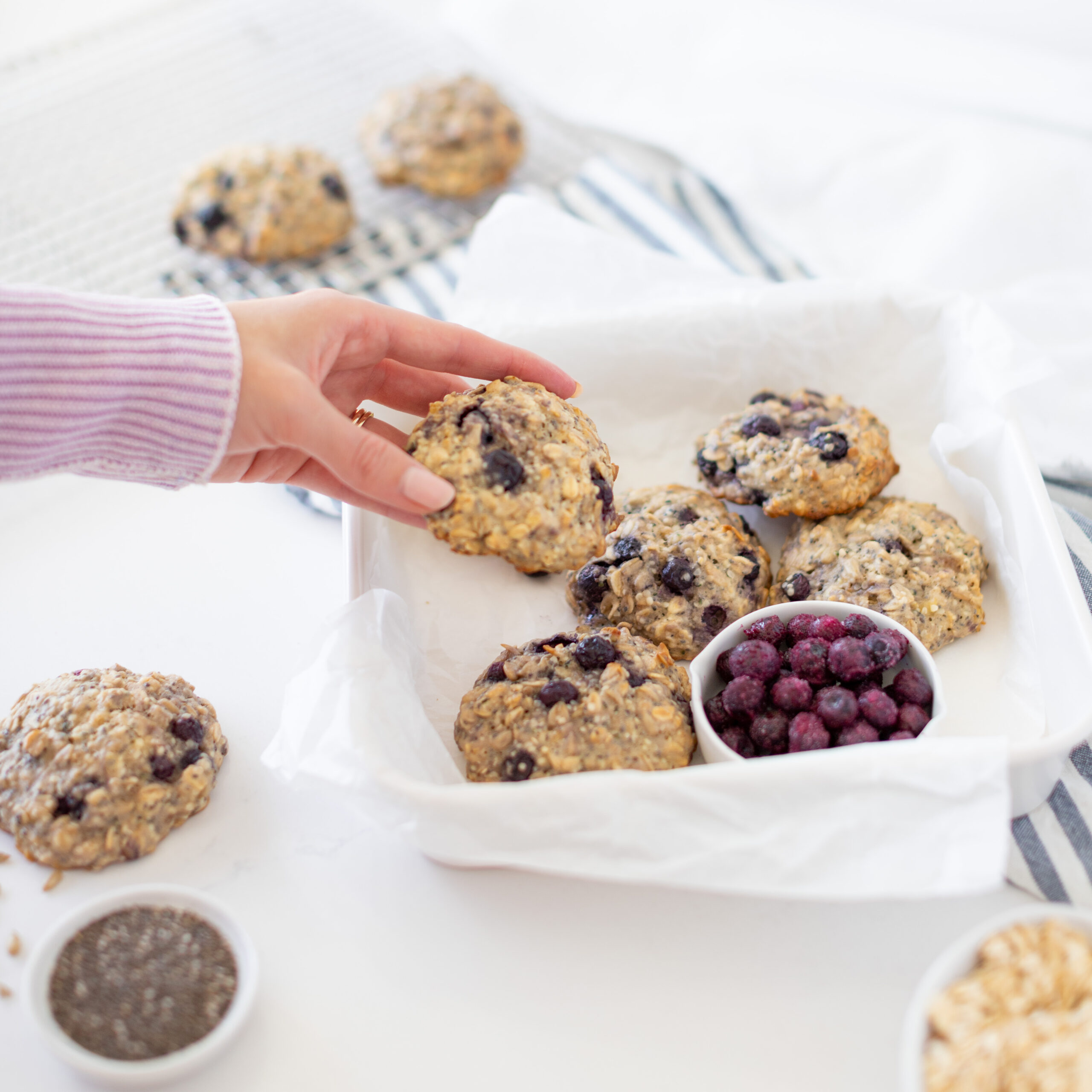 a baking tray full of blueberry breakfast cookies