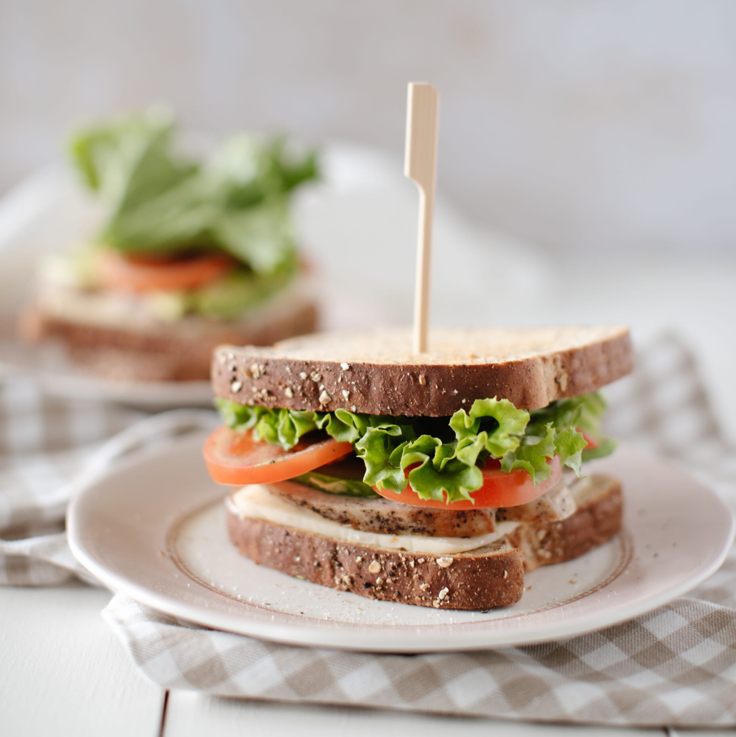 sandwich on a plate with lettuce, tomato, avocado and cheese